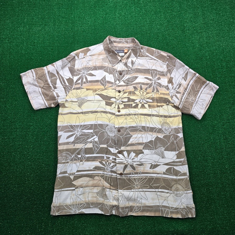 Quiksilver Shirt Mens Large Botanical Floral Stripe Earth Tone Surf Beach Casual